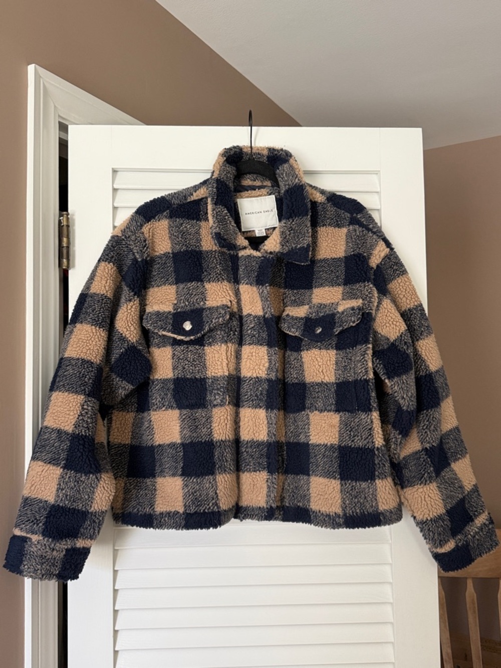 American Eagle Sherpa Plaid Zip Jacket Medium Navy Tan Buffalo Check Fleece - Picture 2 of 5
